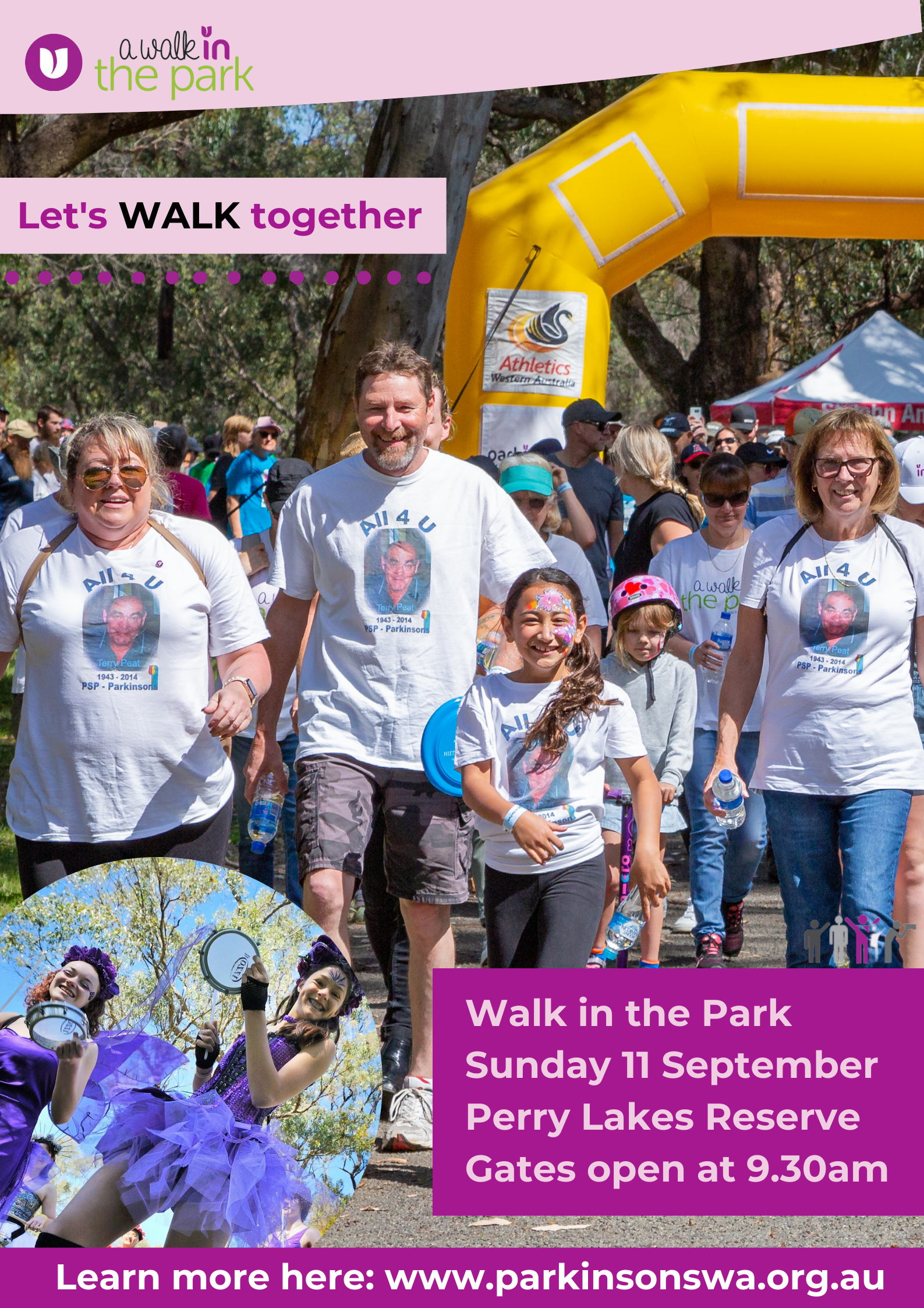 A large poster for the annual Walk in the Park event for Parkinson's WA